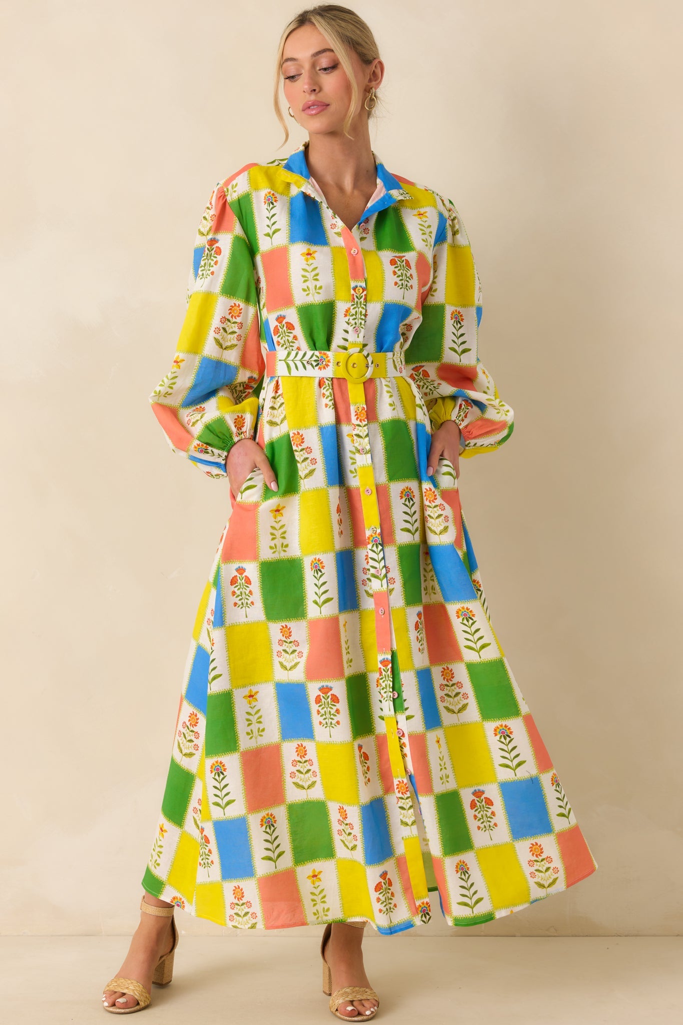 Prosperina Naomi Multi Floral Patchwork Linen Blend Maxi Dress