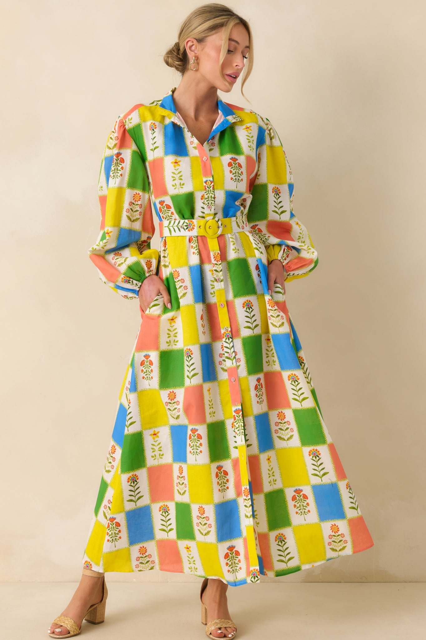 Prosperina Naomi Multi Floral Patchwork Linen Blend Maxi Dress