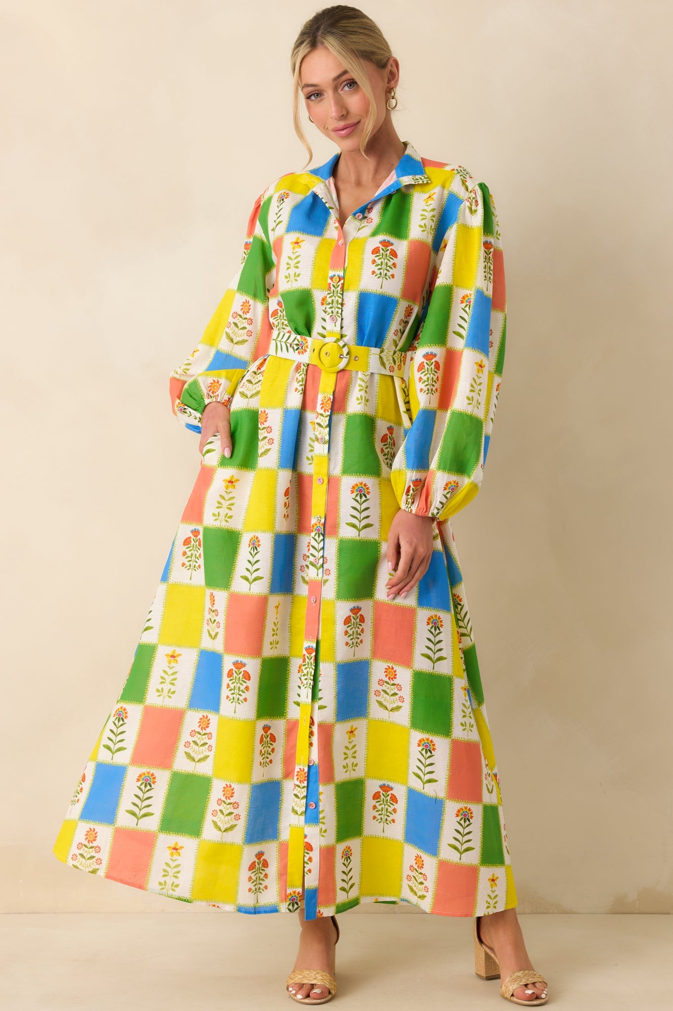Prosperina Naomi Multi Floral Patchwork Linen Blend Maxi Dress