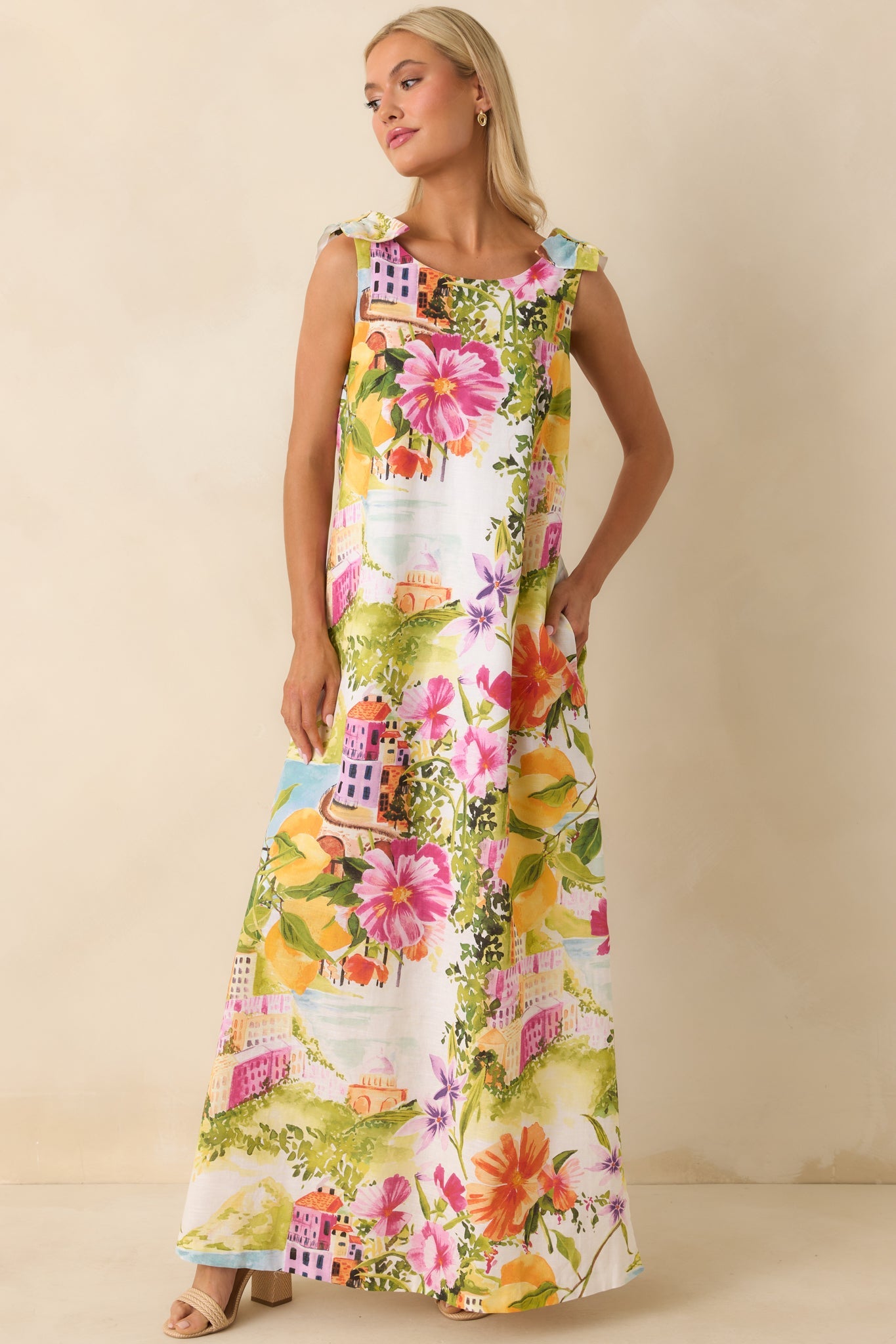 Prosperina Lucie Multi Linen Blend Scenic Coastal Print Maxi Dress
