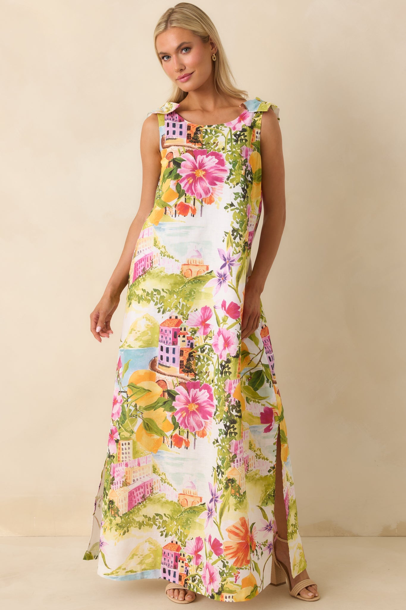 Prosperina Lucie Multi Linen Blend Scenic Coastal Print Maxi Dress