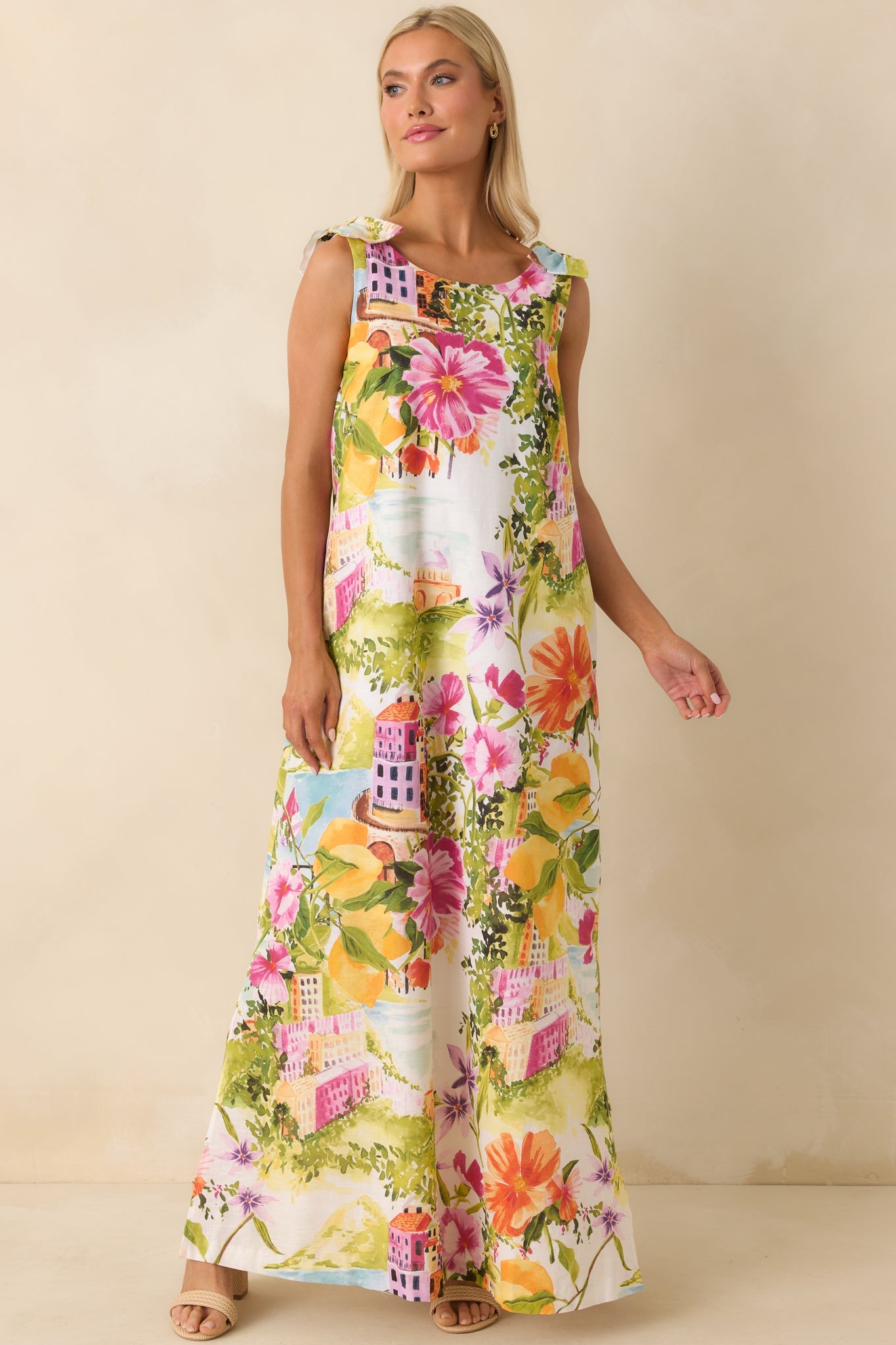 Prosperina Lucie Multi Linen Blend Scenic Coastal Print Maxi Dress