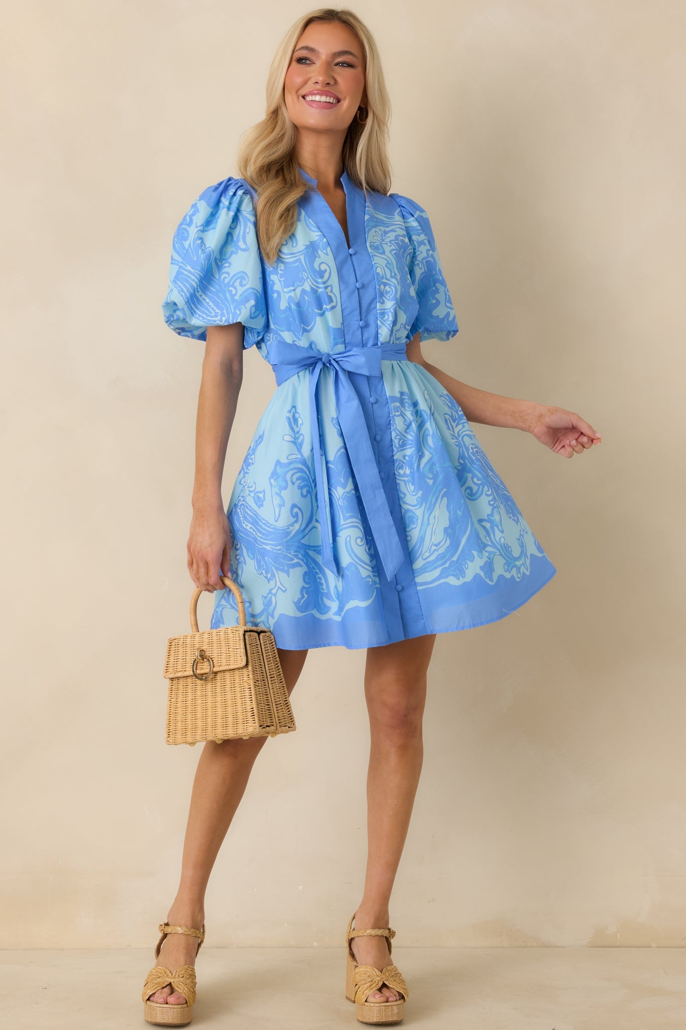 Something in the Air Blue Cotton Paisley Belted V-Neck Mini Dress
