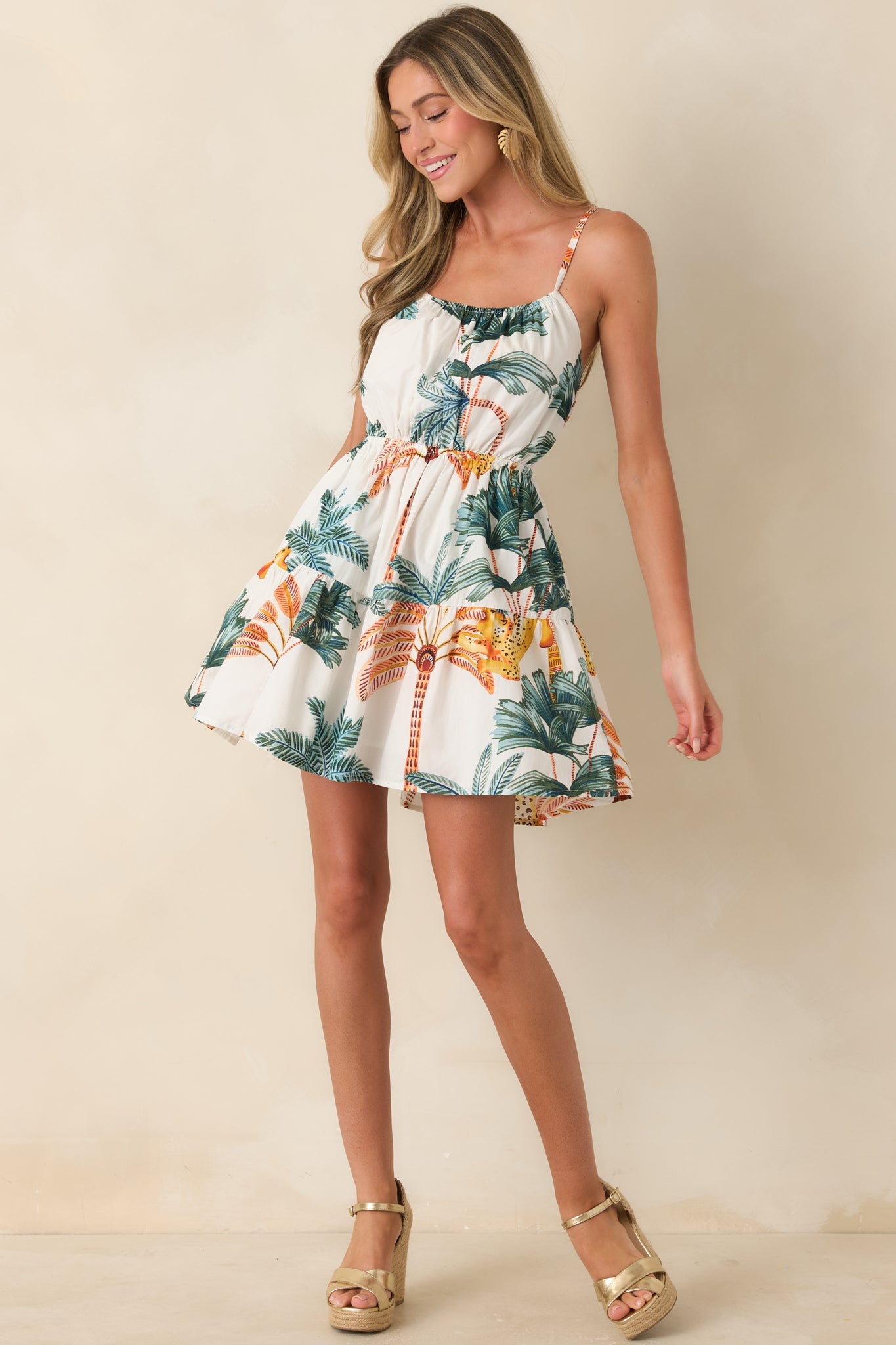 Already Booked It Ivory Multi Tropical Print Tiered Mini Dress