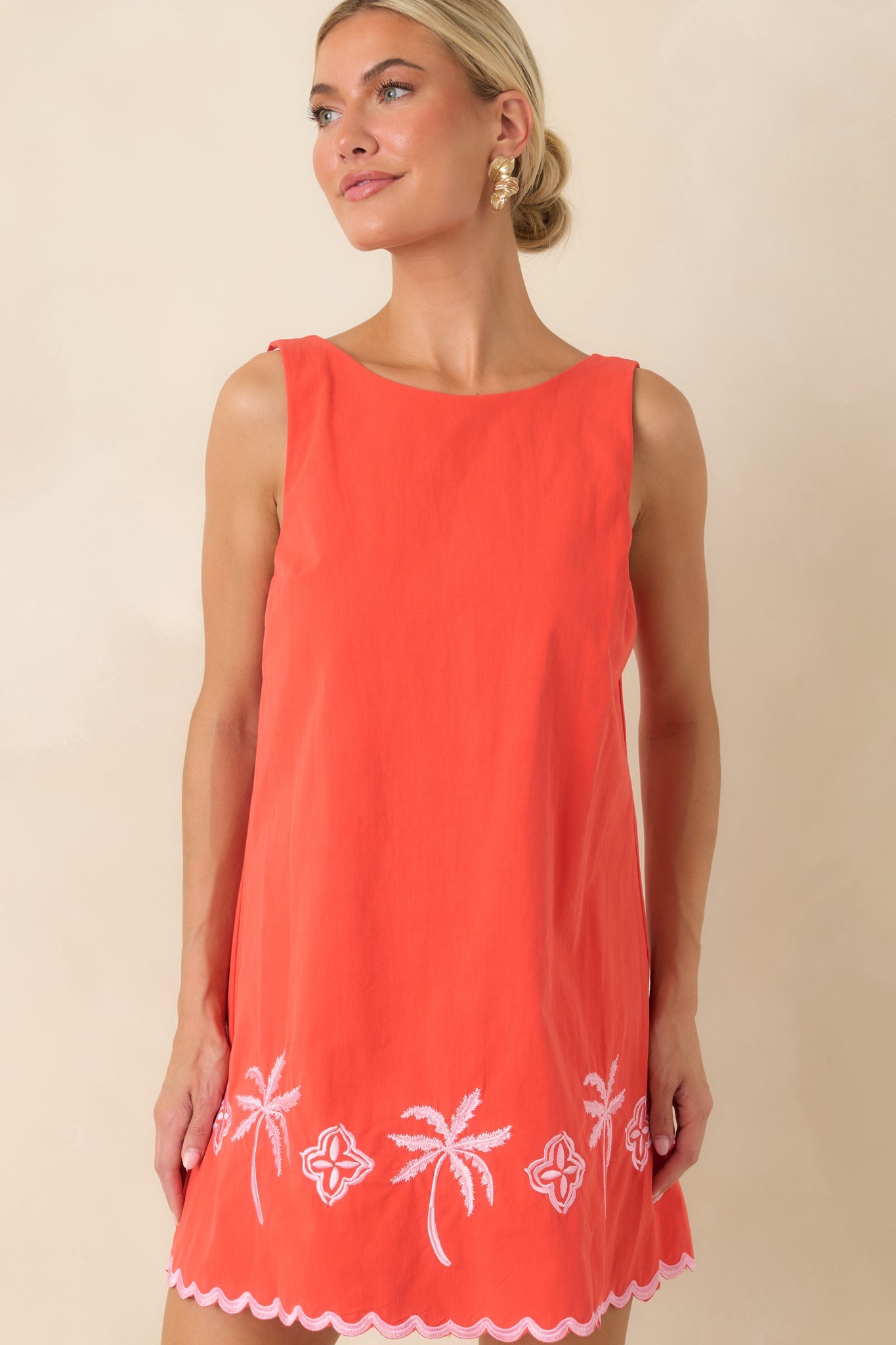 MINKPINK Amaya Coral Red & Pink Cotton Embroidered Mini Dress