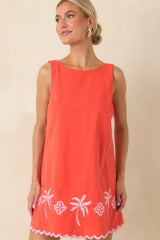 MINKPINK Amaya Coral Red & Pink Cotton Embroidered Mini Dress