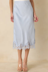 Just Call Me Later Powder Blue Satin Lace Trim Midi Skirt