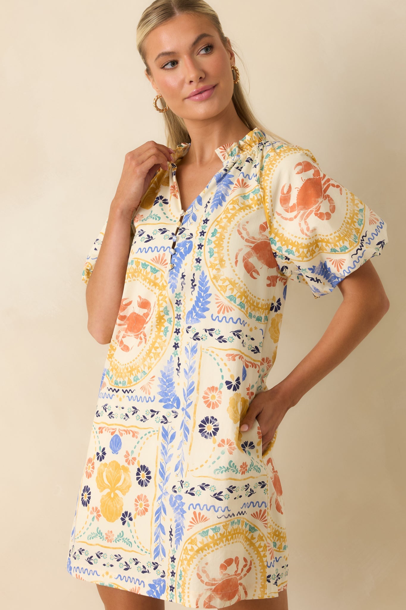 Prosperina Sasha Multi Cotton Coastal Print Mini Shift Dress