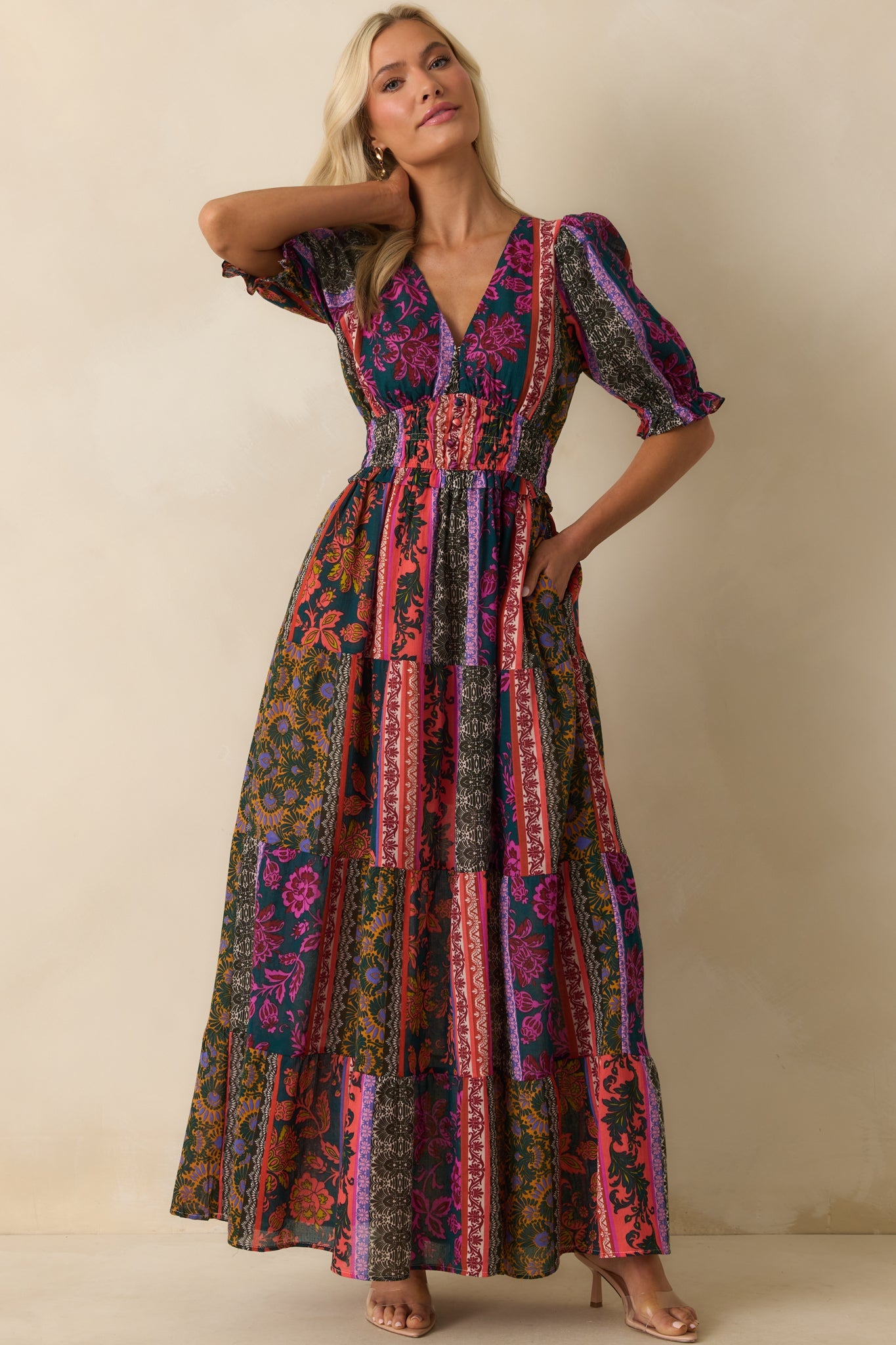 Dream A Little Dark Teal Multi Patchwork Print Cotton Maxi Dress