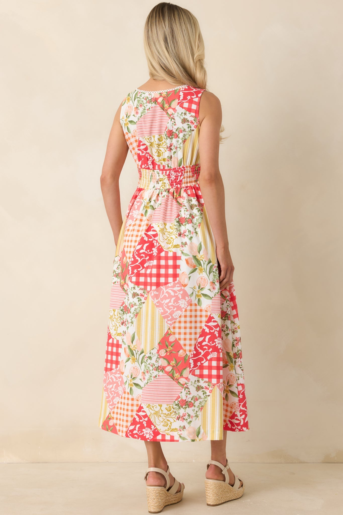 Sweet on Sunshine Red Multi Patchwork Print Midi Dress