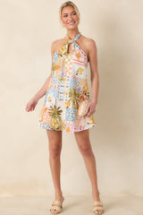 Twist & Spritz Citrus Patchwork Halter Mini Dress