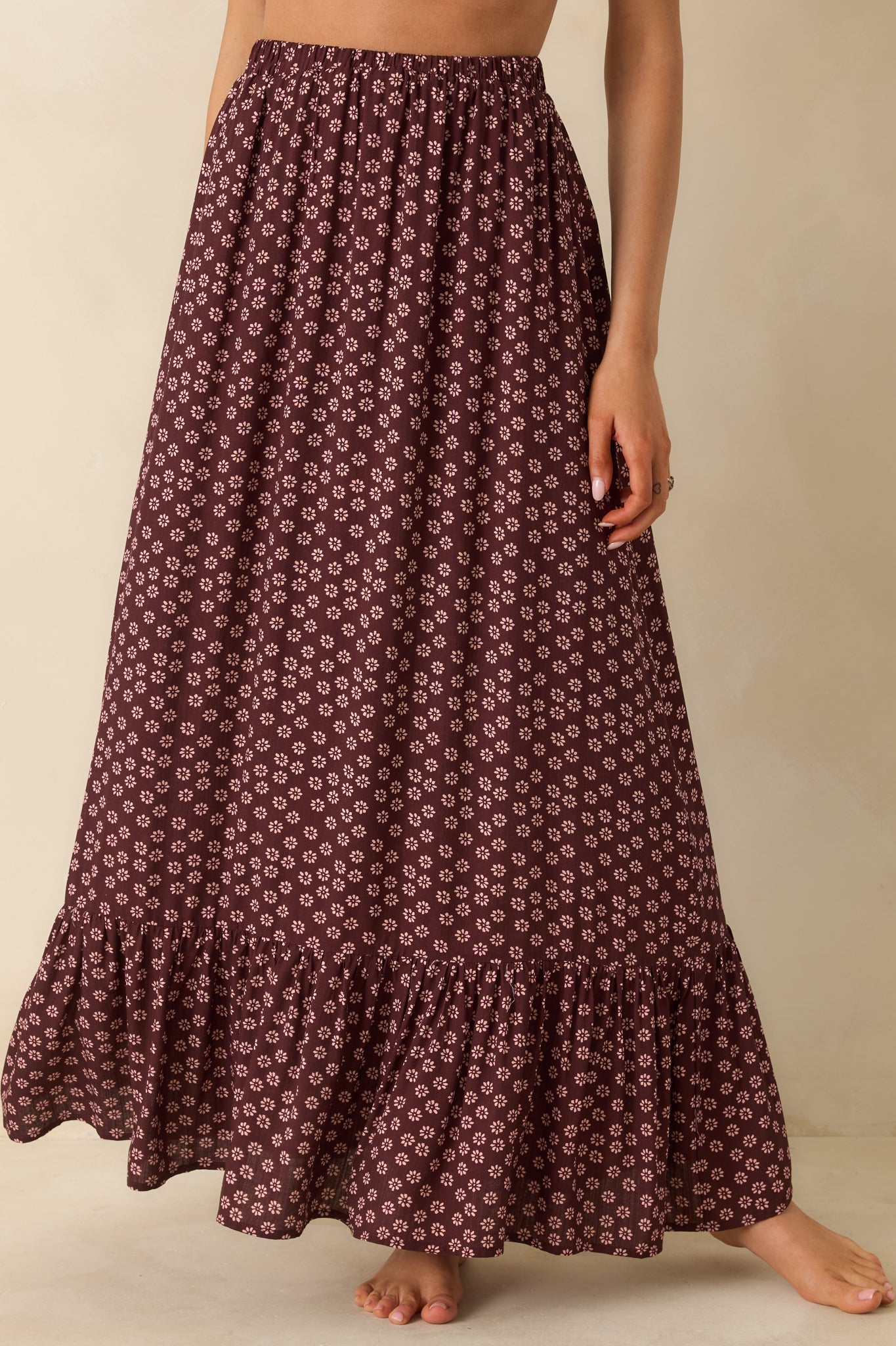 MINKPINK Sierra Burgundy Floral Ruffle Hem Maxi Skirt