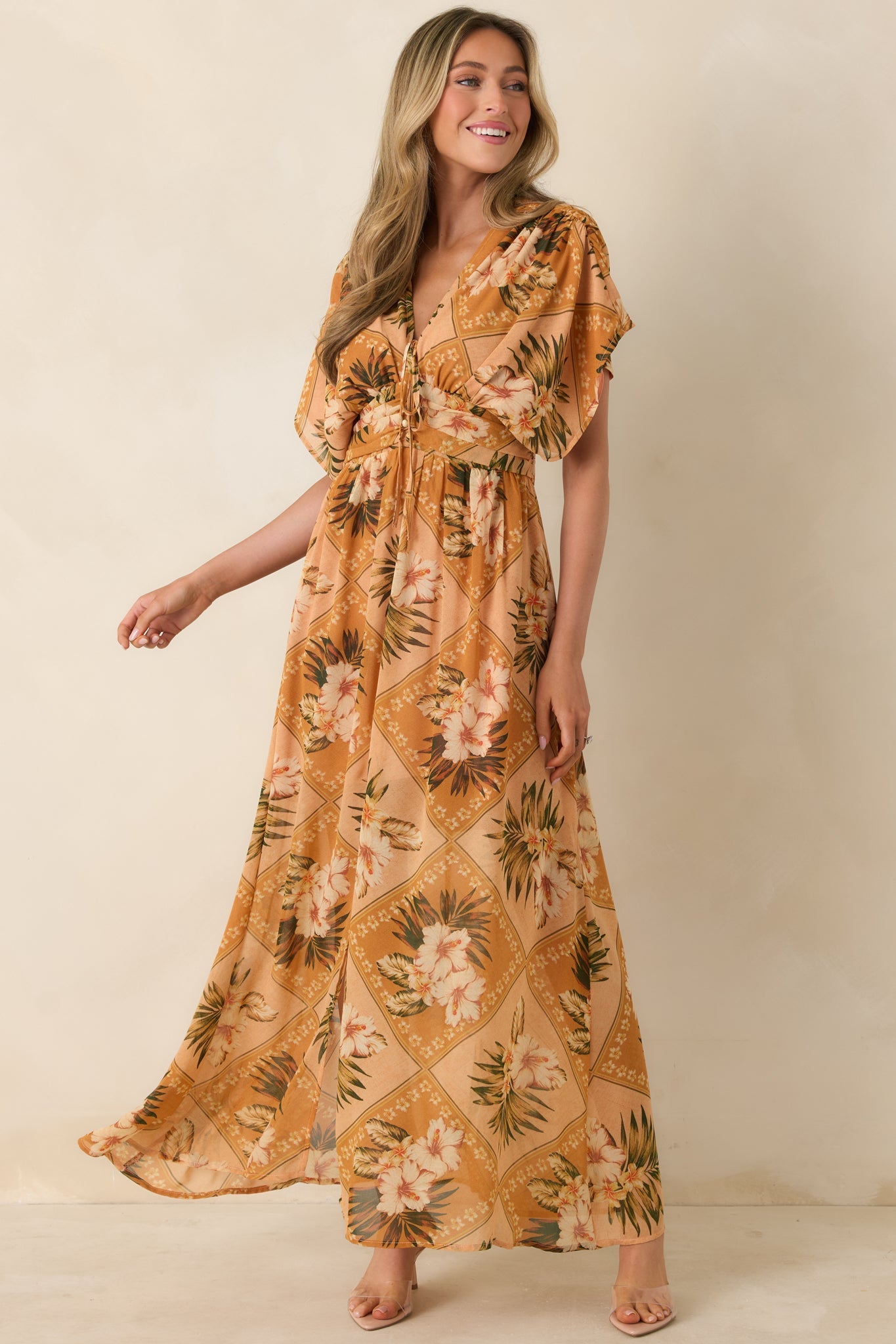 Booked the Trip Peach Multi Tropical Print Maxi Dress
