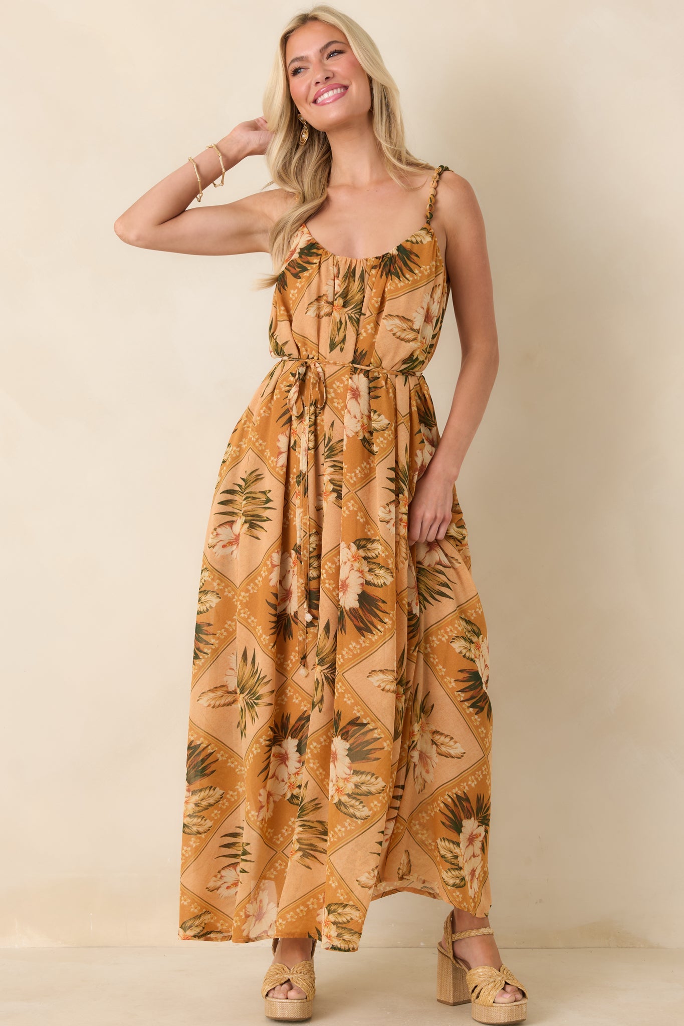 Paradise Calling Peach Multi Tropical Print Beaded Strap Maxi Dress