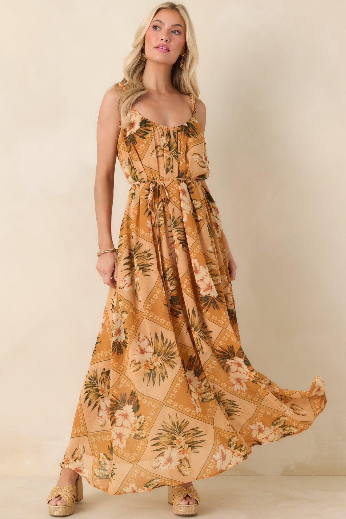 Paradise Calling Peach Multi Tropical Print Beaded Strap Maxi Dress