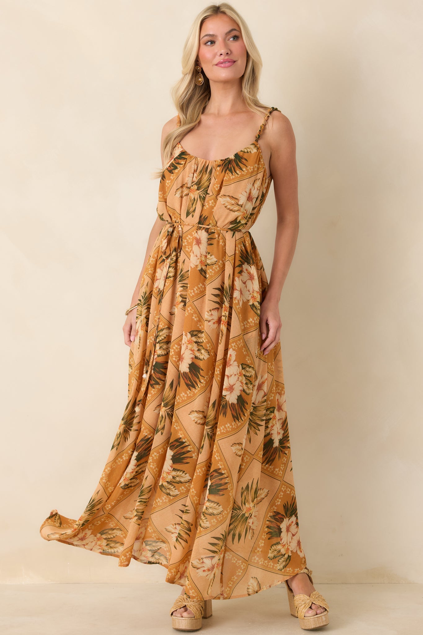 Paradise Calling Peach Multi Tropical Print Beaded Strap Maxi Dress