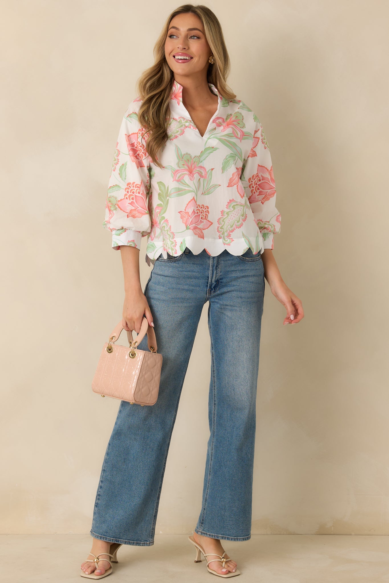 Petals in the Breeze Peach Multi Cotton Floral V-Neck Top