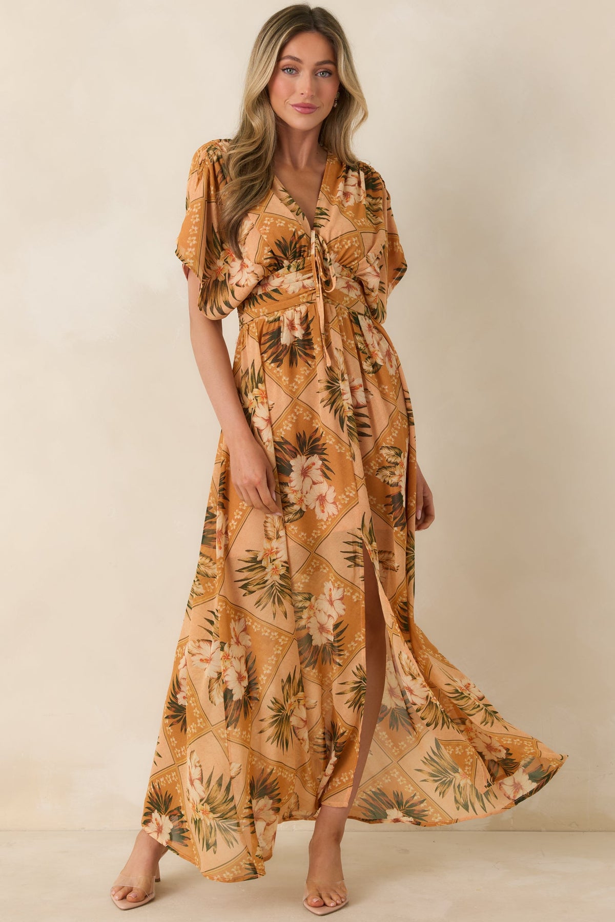 Booked the Trip Peach Multi Tropical Print Maxi Dress