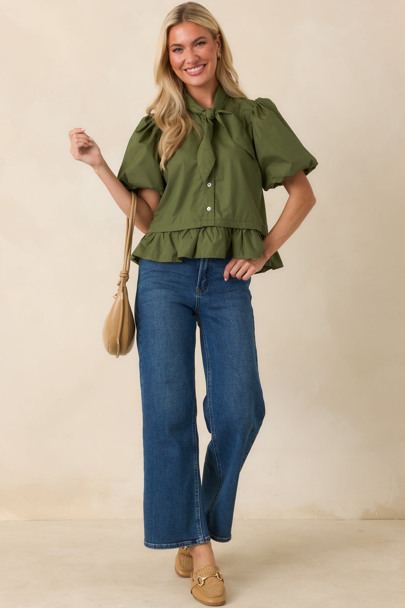 Signature Style Moss Green Tie Neck Peplum Blouse