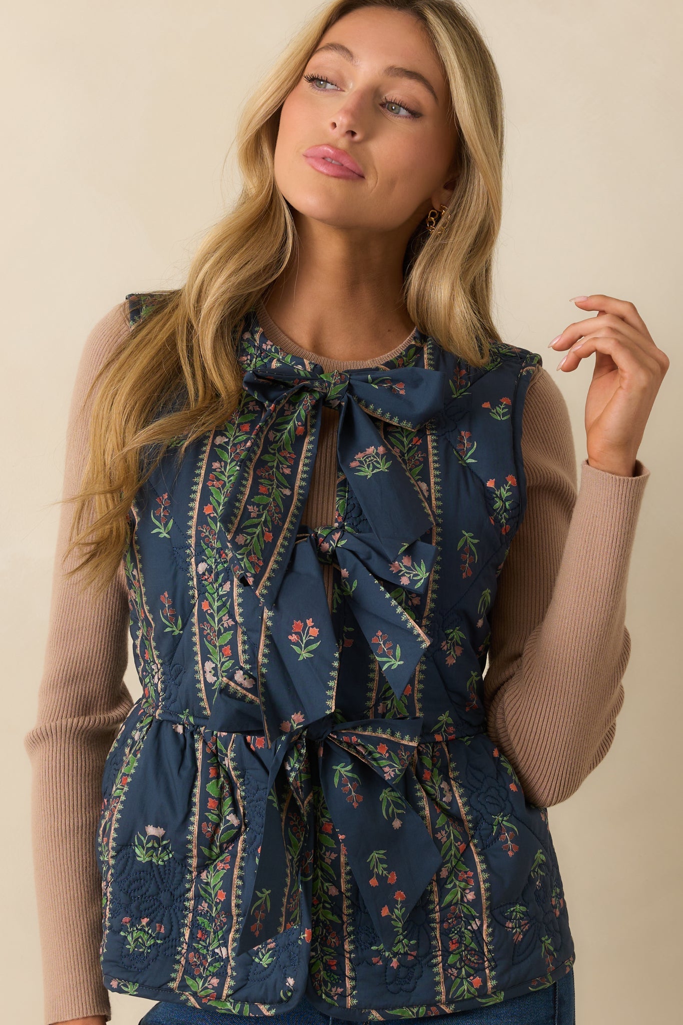 After All Is Said Navy Multi Floral Print Bow Front Quilted Vest