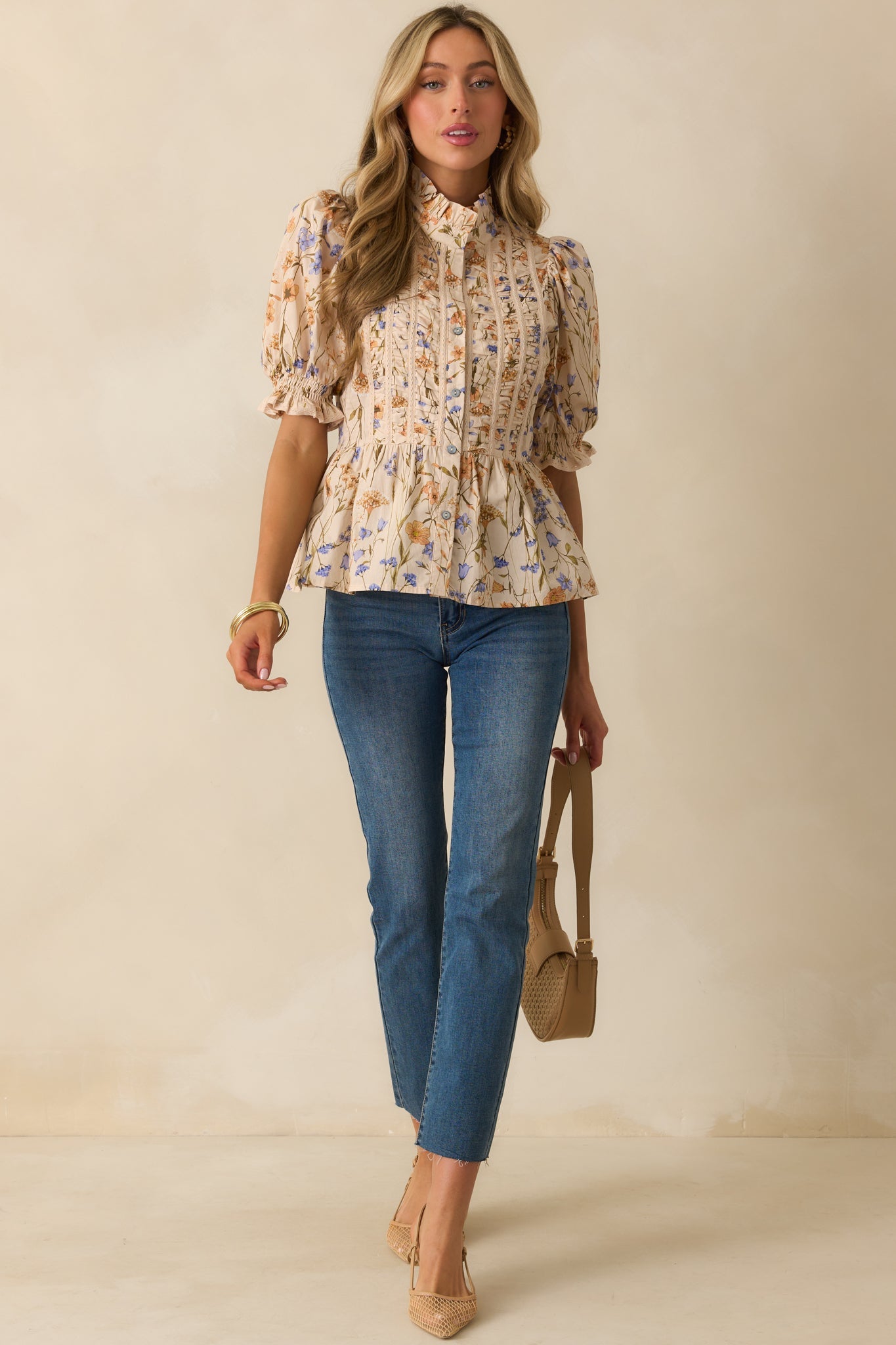 You Know Her Beige Multi Floral Print Cotton Peplum Top