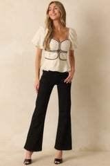 The Real Thing Light Beige Cotton Contrast Trim Peplum Top