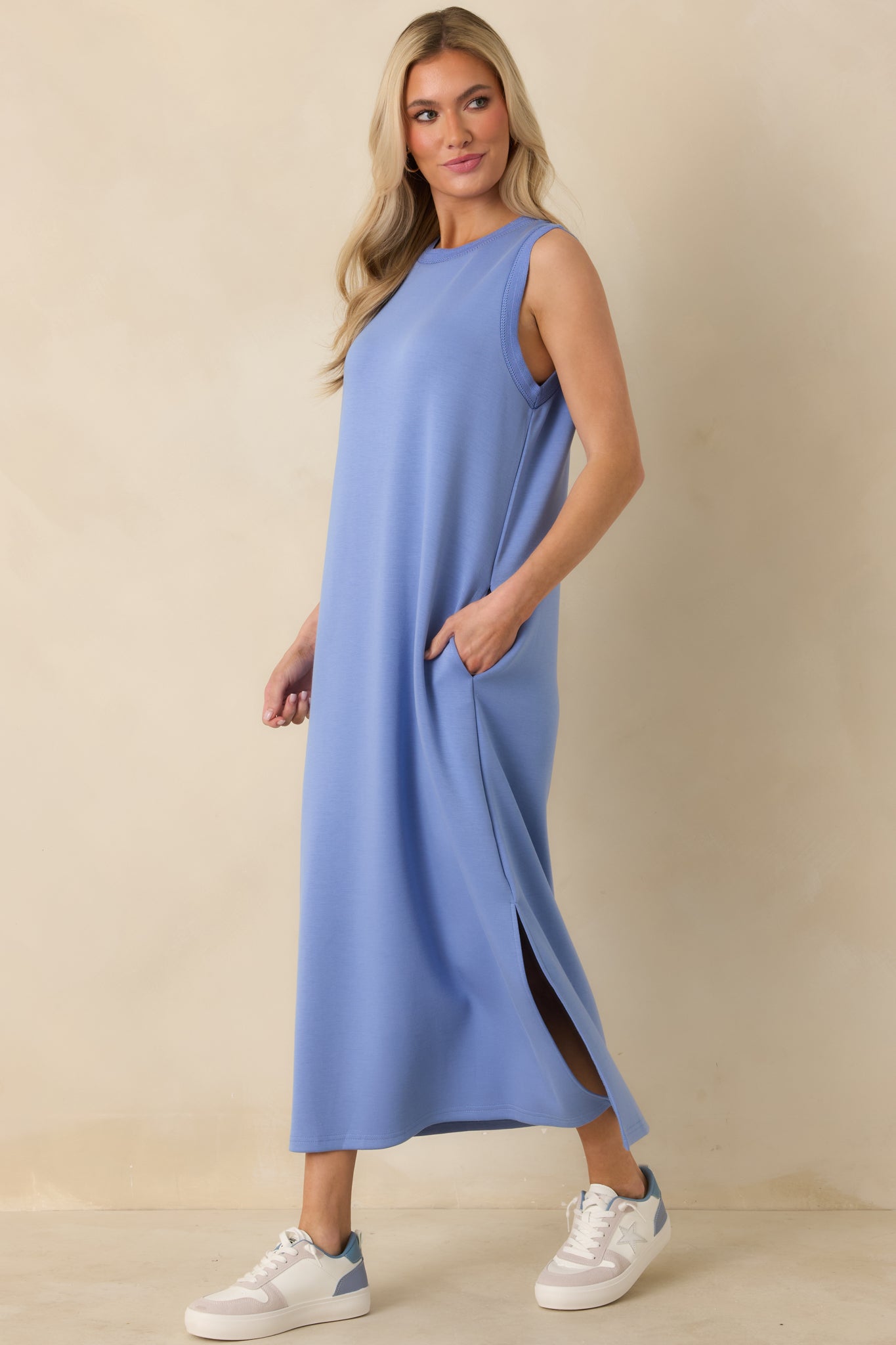 Made to Move Periwinkle Blue Jersey Knit Sleeveless Maxi Dress