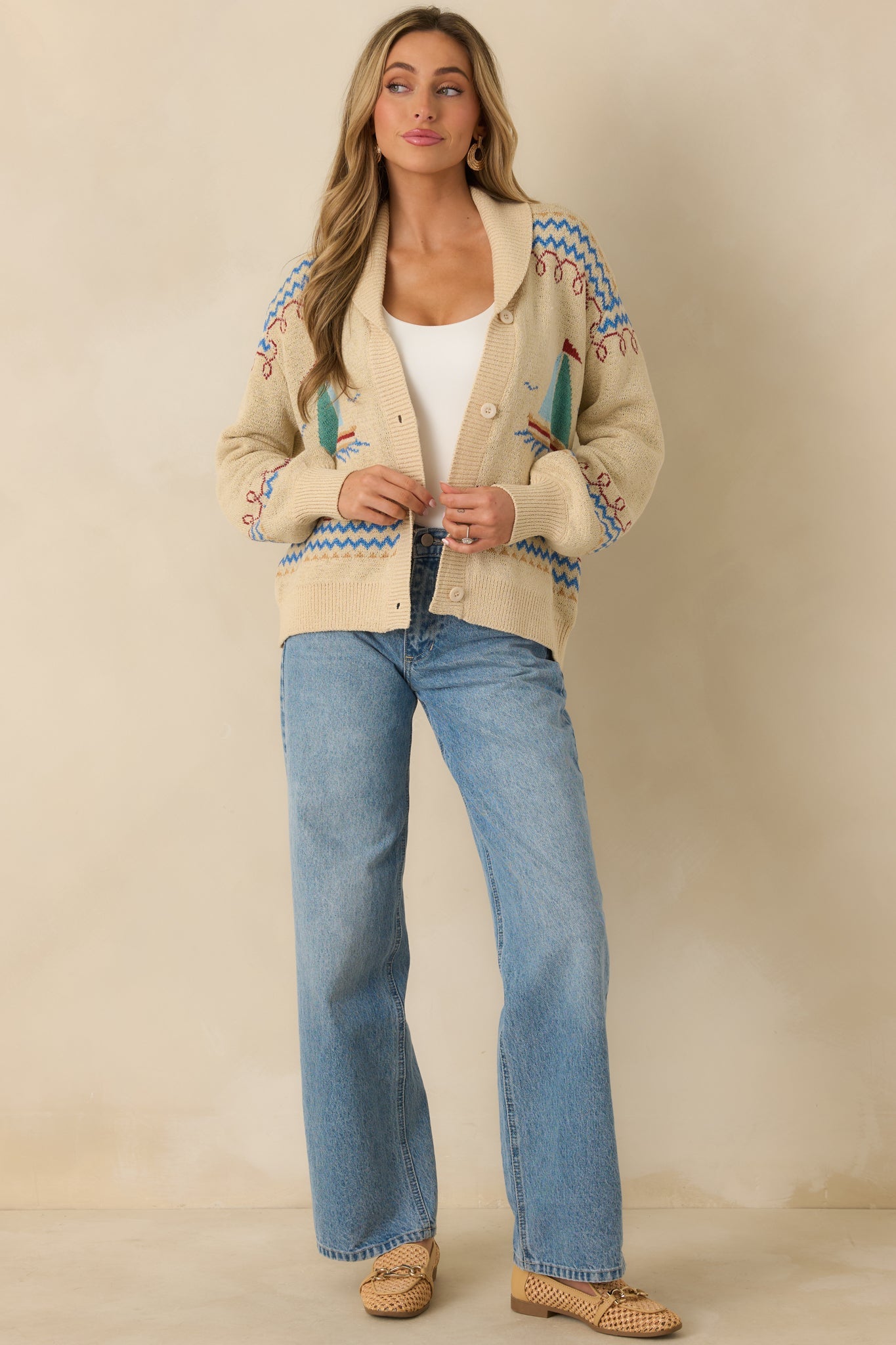 Coast Is Clear Light Beige Multi Knit Button-Up Sailboat Cardigan Sweater