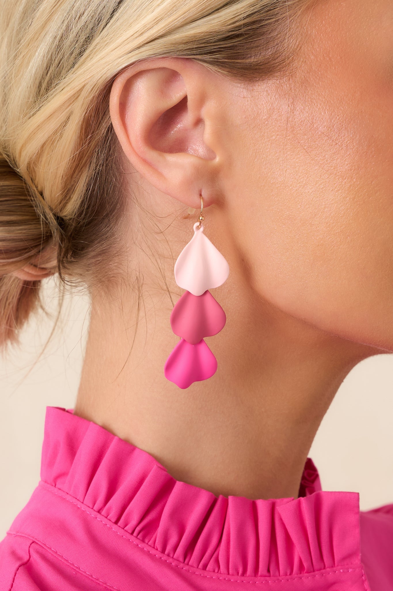 Cascading Joy Pink Sculpted Layered Petal Drop Earrings