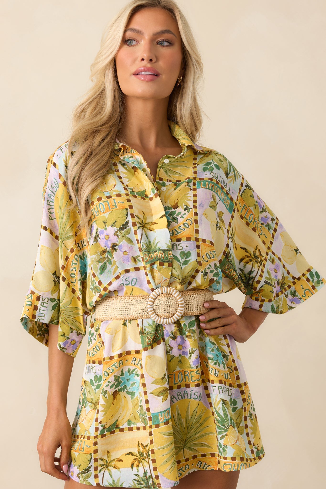 Views From The Veranda Yellow Tropical Print Linen Blend Romper