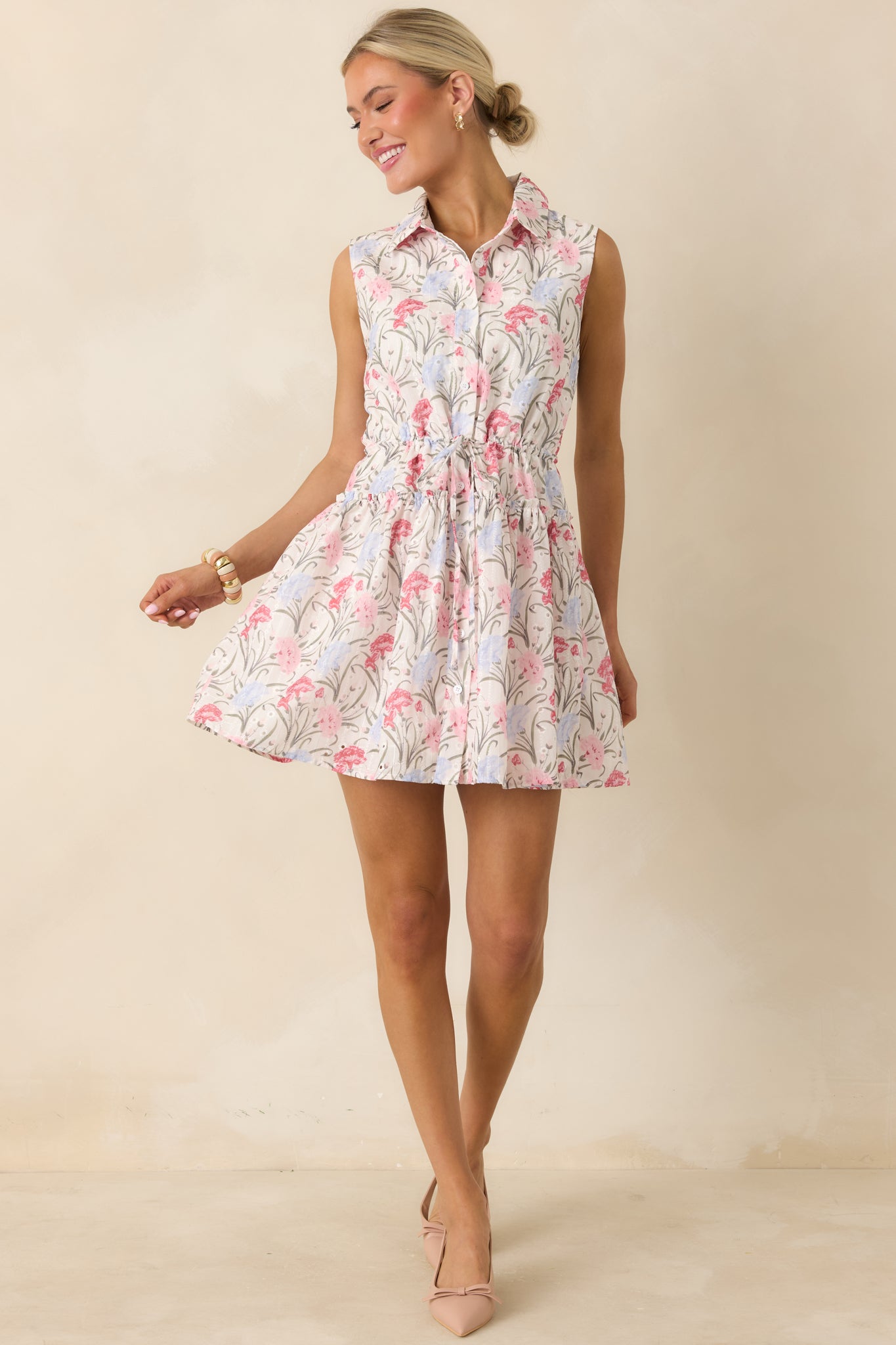Poetry in Bloom Pink & Lavender Embroidered Eyelet Tie Waist Mini Dress