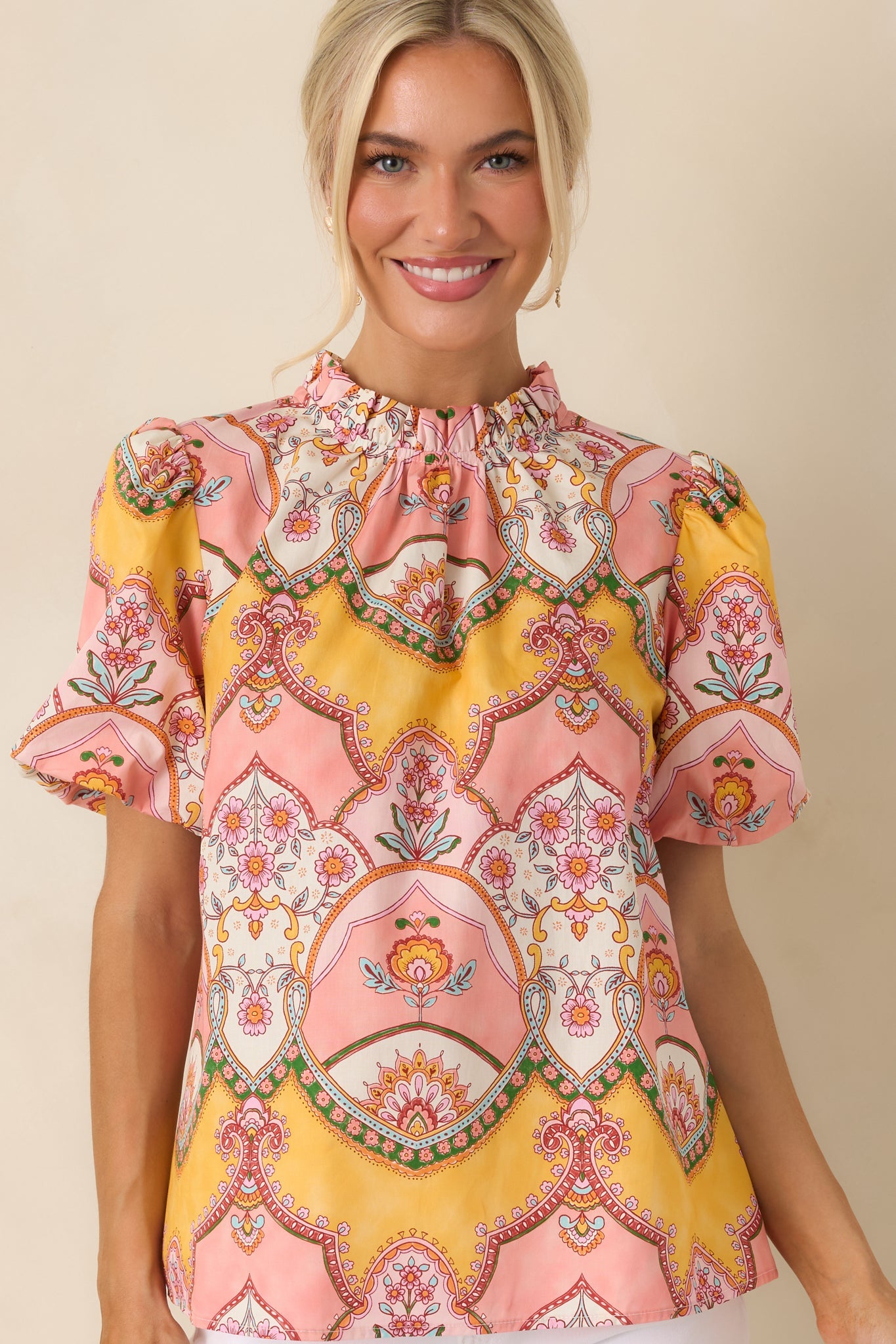 Love You Back Pink & Marigold Scarf Print Cotton Top