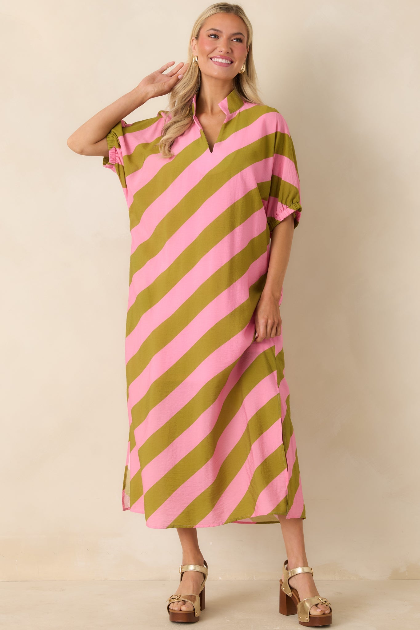 Pretty Persuasive Pink & Olive Green Stripe Maxi Dress