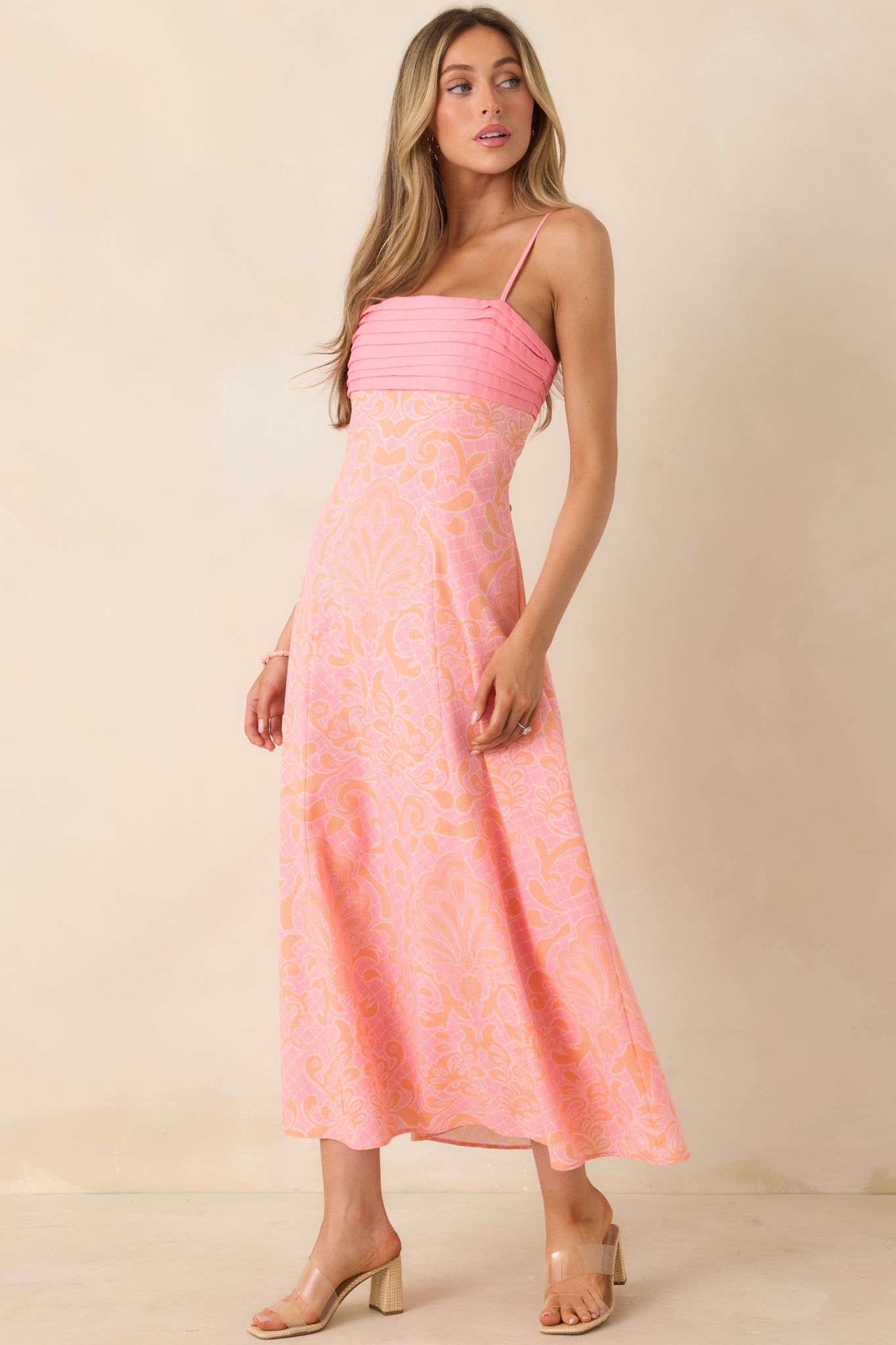 In the Glow Pink & Orange Jacquard Pleated Bust Midi Dress