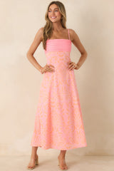 In the Glow Pink & Orange Jacquard Pleated Bust Midi Dress