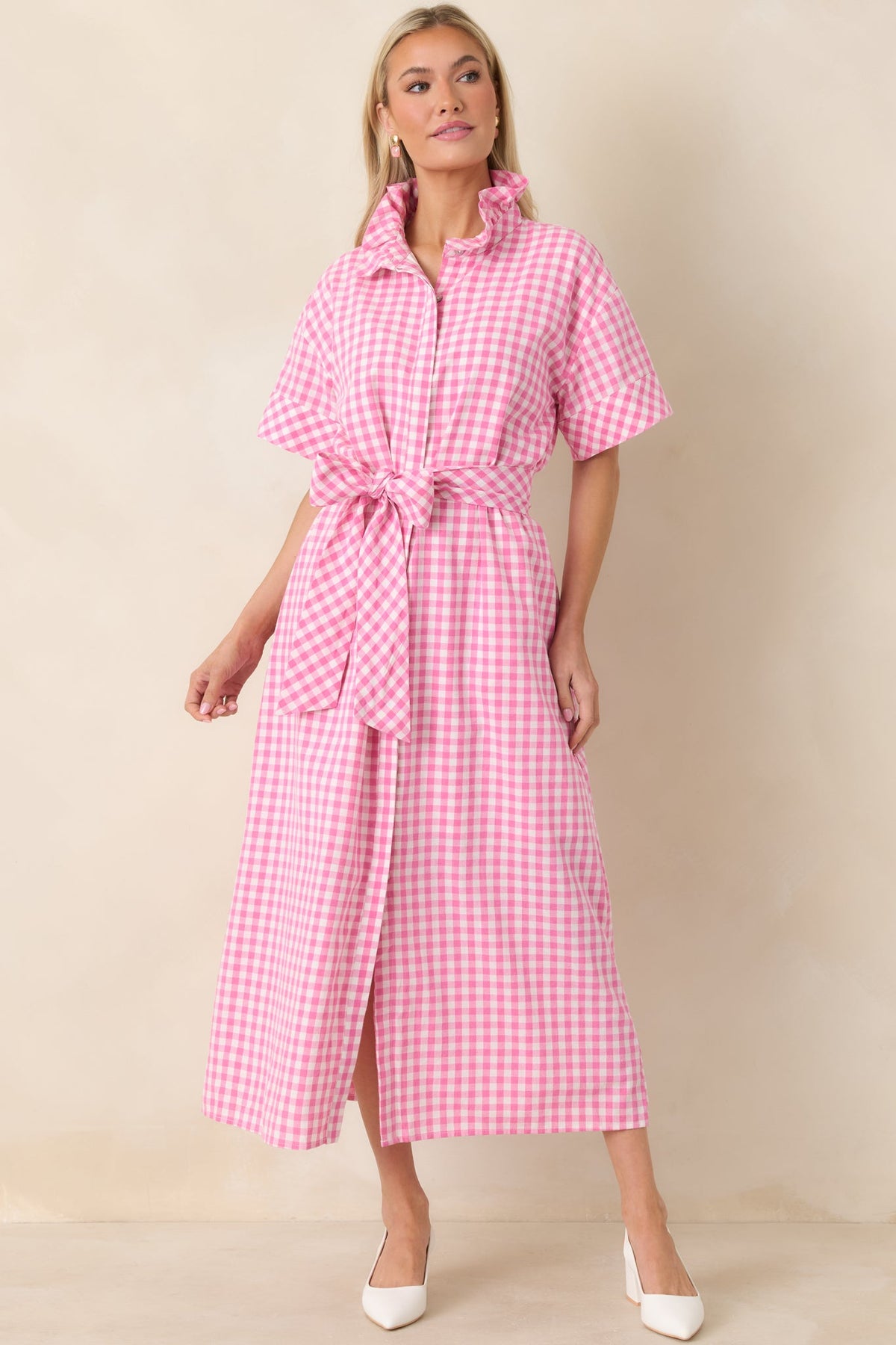 Check Me Out Pink Gingham Ruffle Collar Belted Maxi Dress