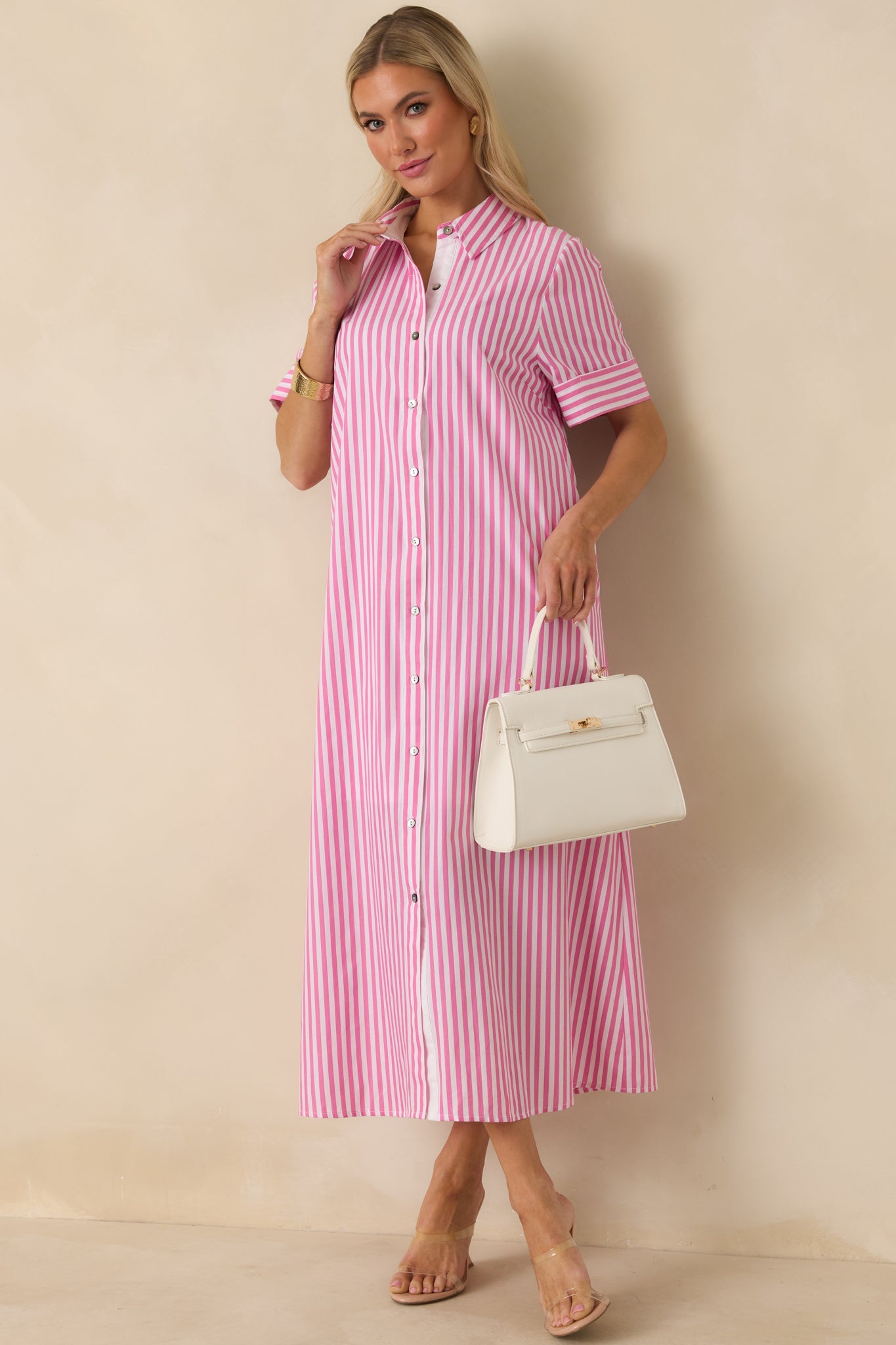 Pretty in Pinstripes Pink Cotton Stripe Button Front Maxi Shirt Dress