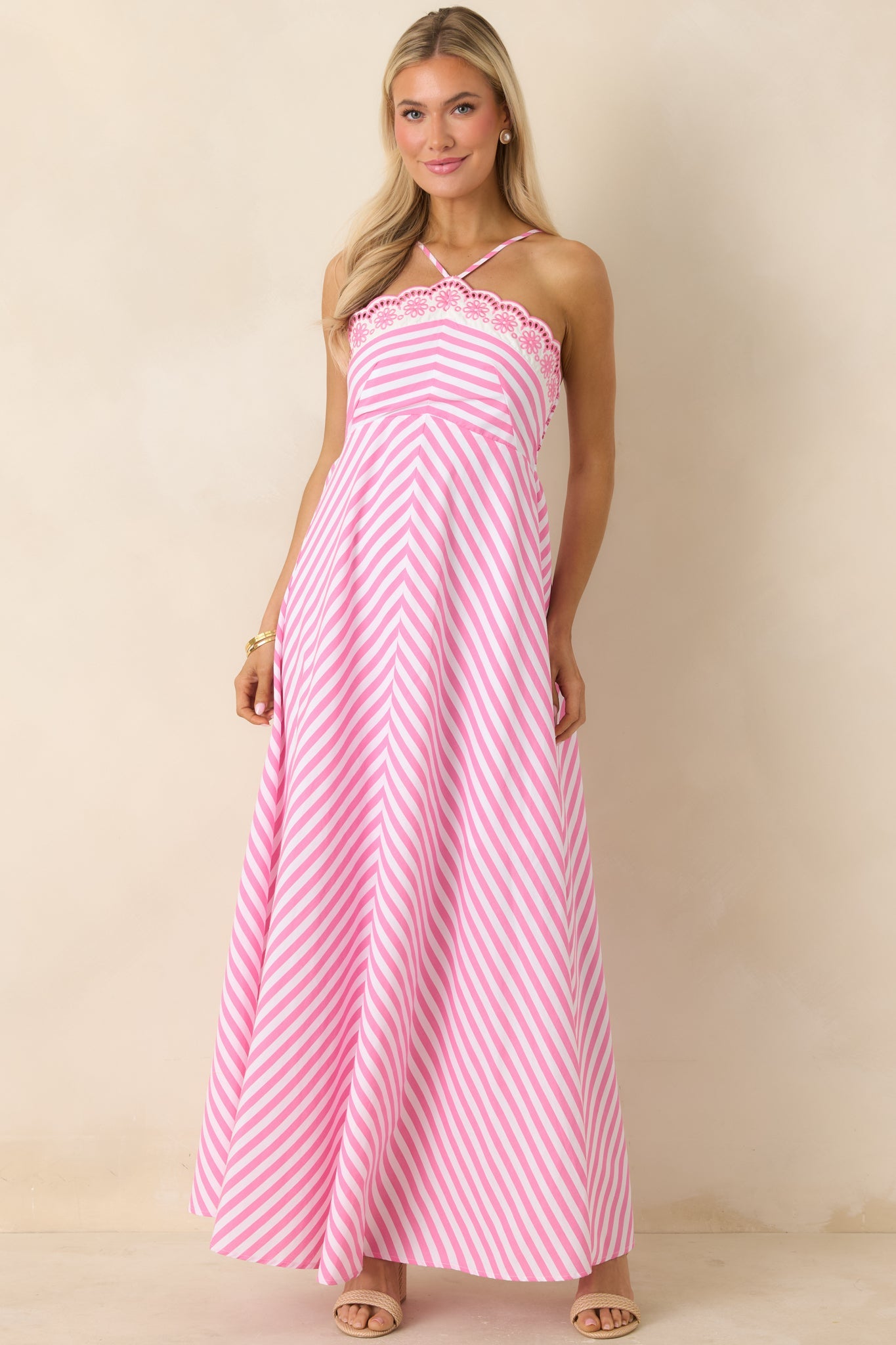 Picnic Pretty Pink Stripe Cotton Floral Hem Halter Maxi Dress