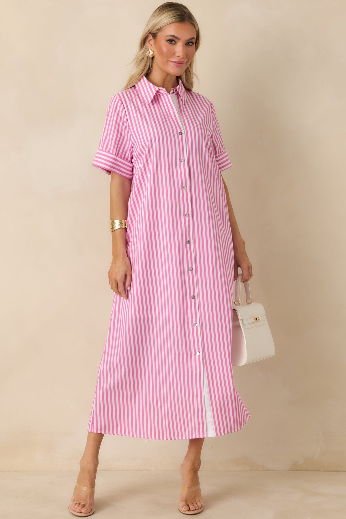 Pretty in Pinstripes Pink Cotton Stripe Button Front Maxi Shirt Dress