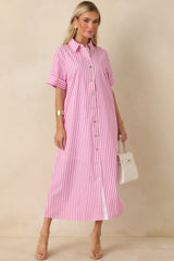 Pretty in Pinstripes Pink Cotton Stripe Button Front Maxi Shirt Dress