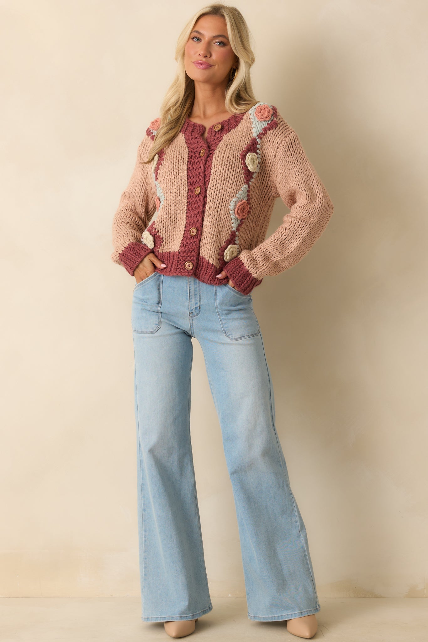 Right Where I Want To Be Dusty Rose Pink Floral Knit Cardigan