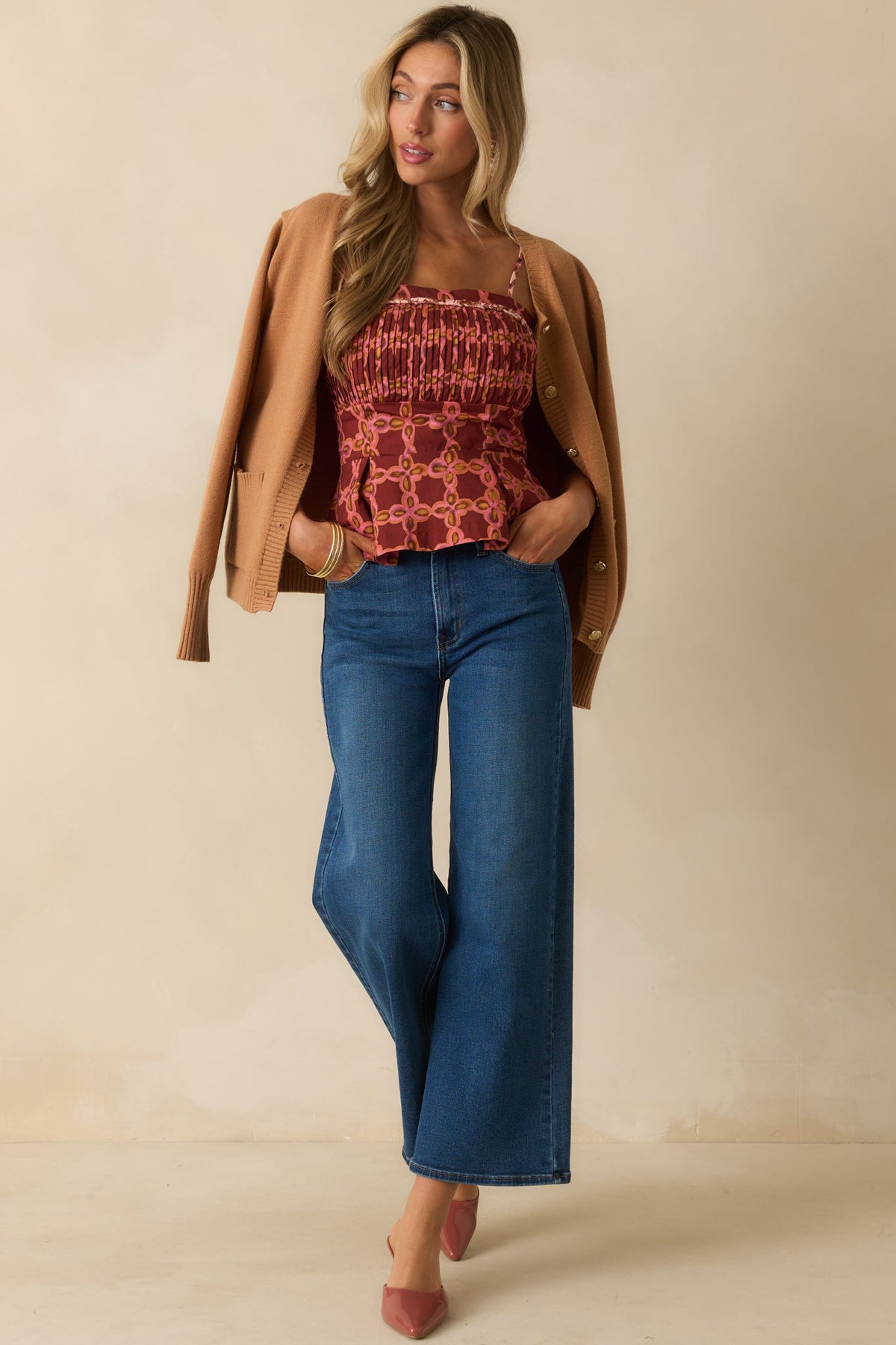 The Bottom Line Pink Multi Geometric Print Cotton Peplum Top