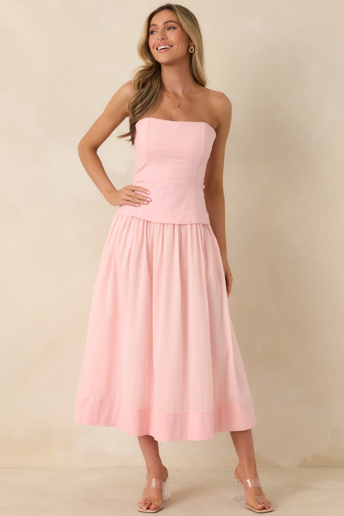 You Already Know Pink Cotton Bustier Bodice Strapless Midi Dress
