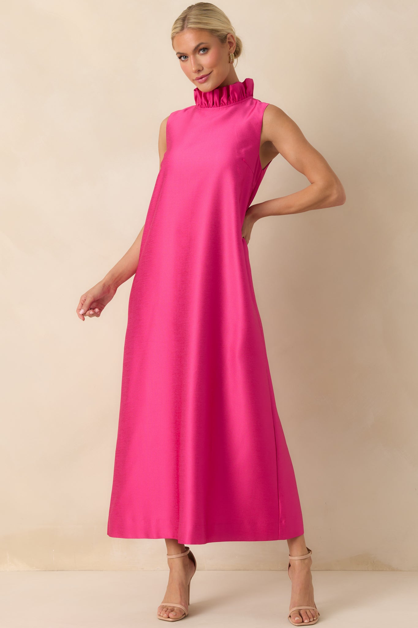 Prosperina Cecily Hot Pink Ruffle Neck Maxi Dress