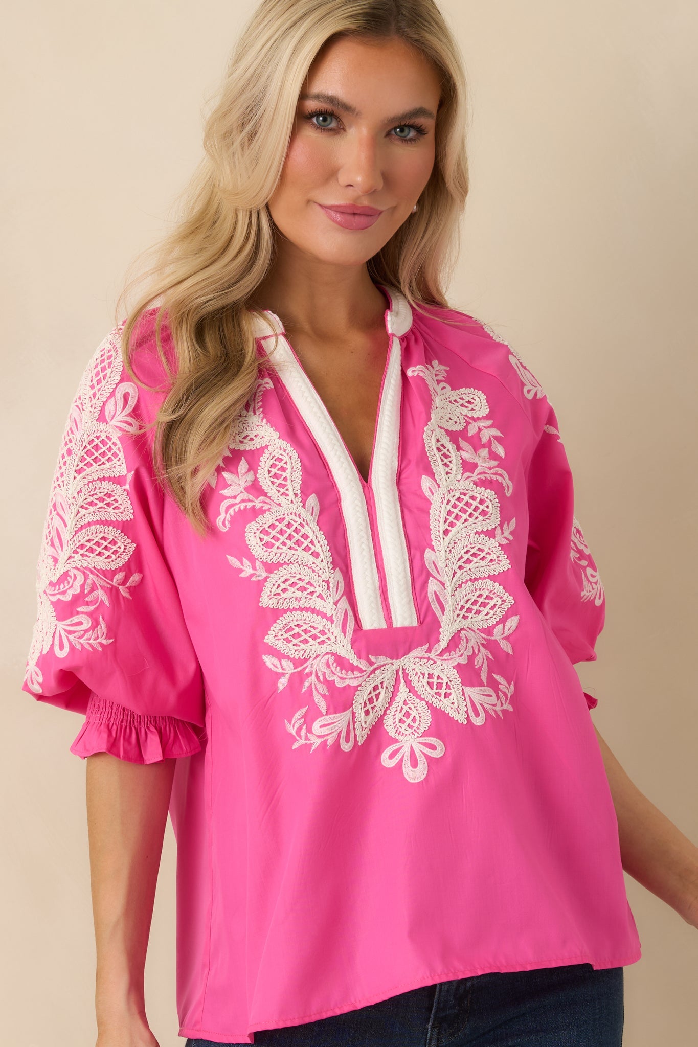 Simple Joys Pink Embroidered V-Neck Puff Sleeve Top