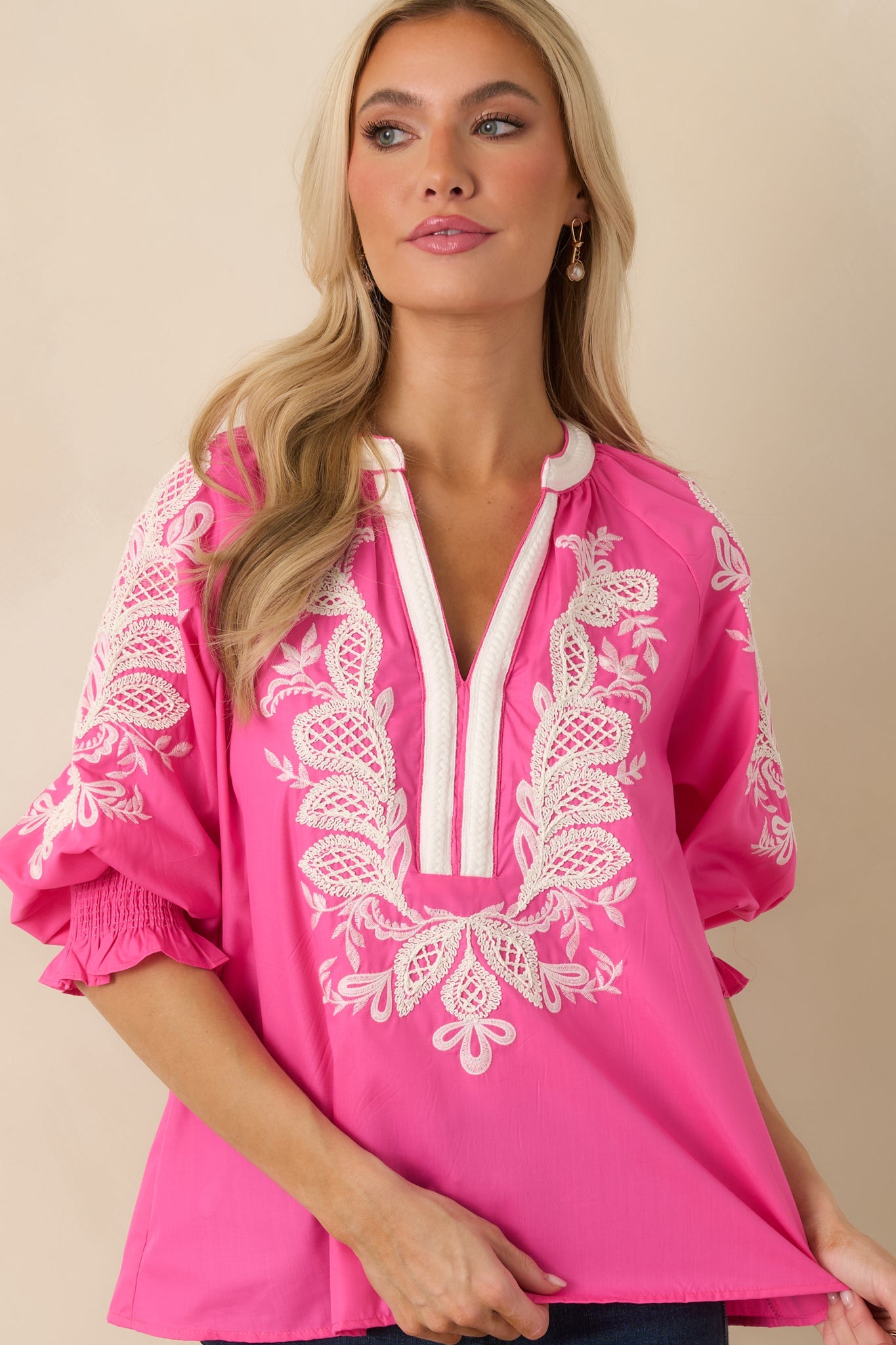 Simple Joys Pink Embroidered V-Neck Puff Sleeve Top
