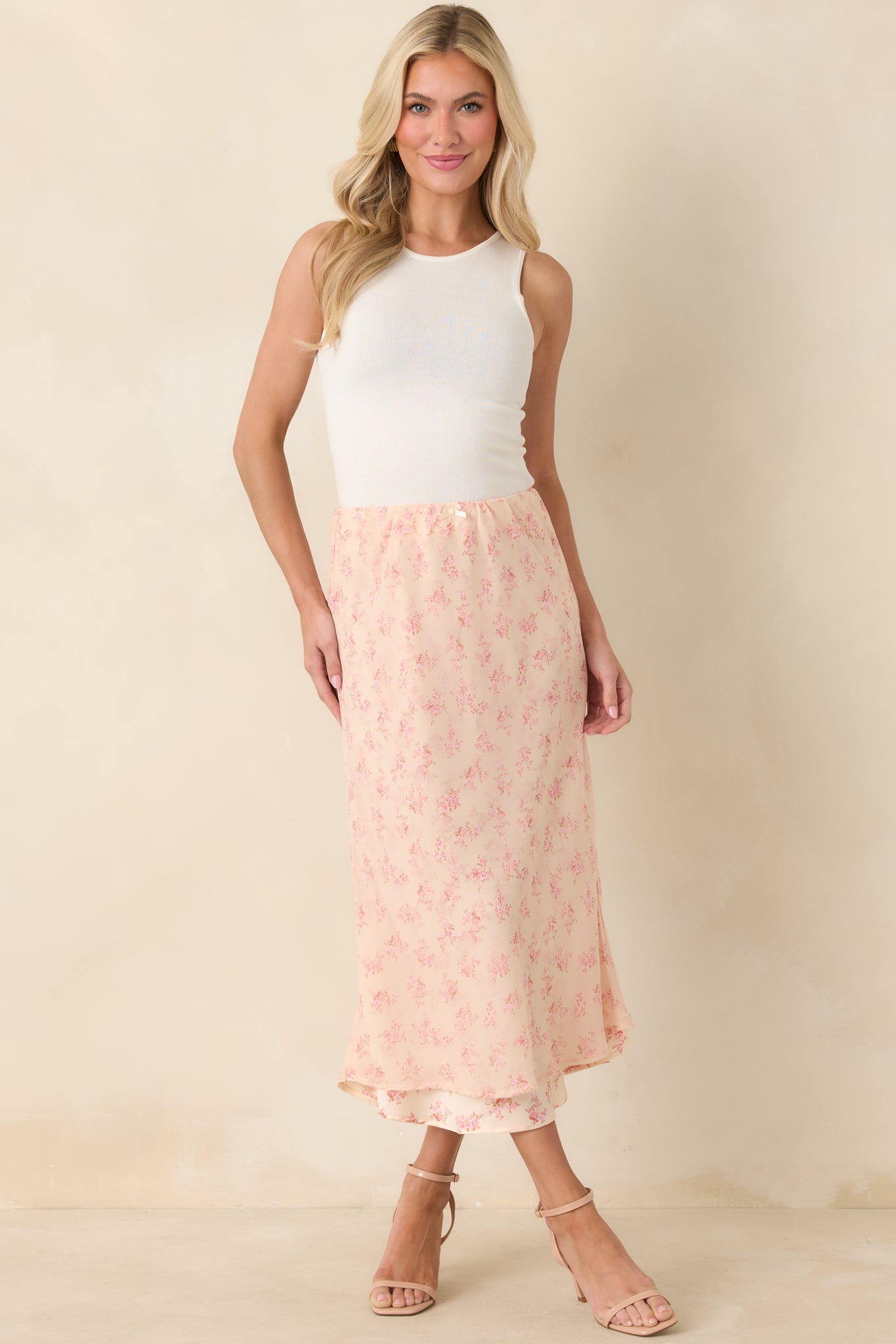 Drifting in Dreams Pink Floral Chiffon Layered Midi Skirt