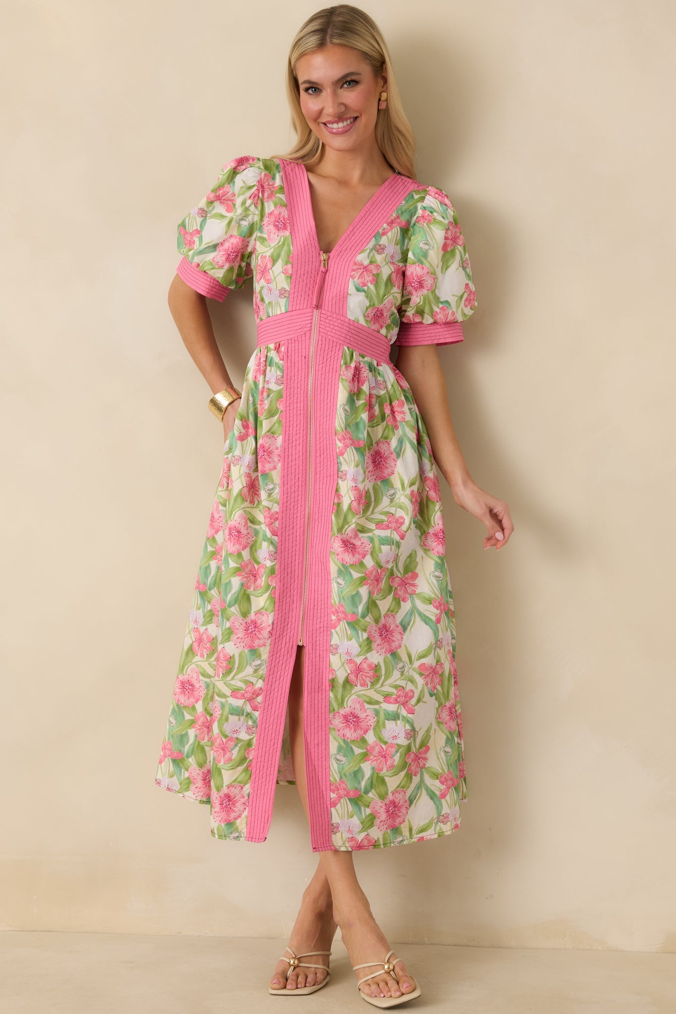 Color Me Floral Pink Multi Floral Print Cotton Zip Front Midi Dress
