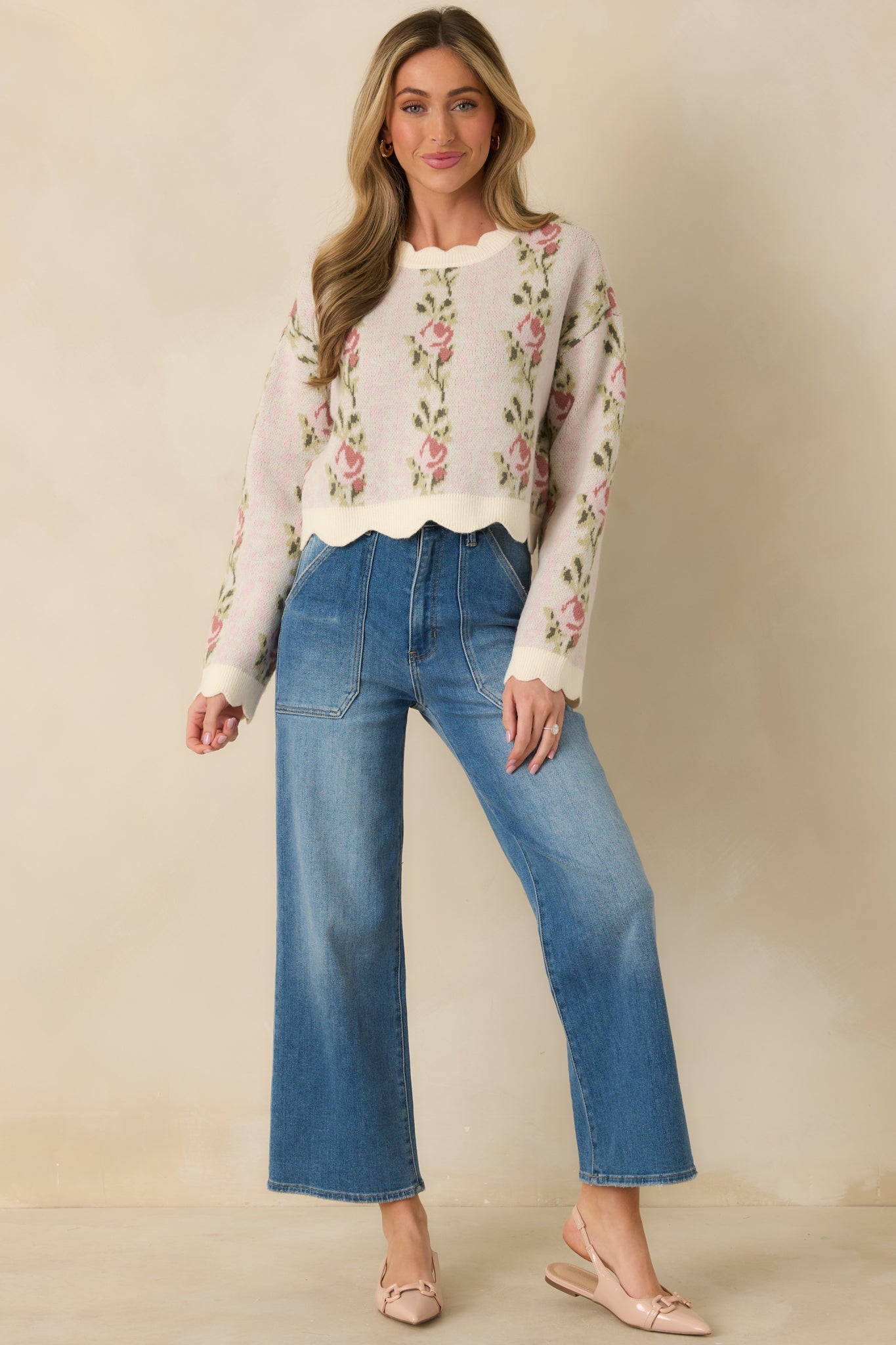 Petal Promises Pink Floral Knit Scallop Edge Sweater