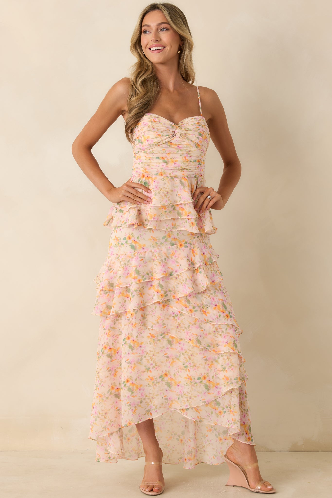ASTR The Label Coline Pink Multi Floral Ruffle Maxi Dress